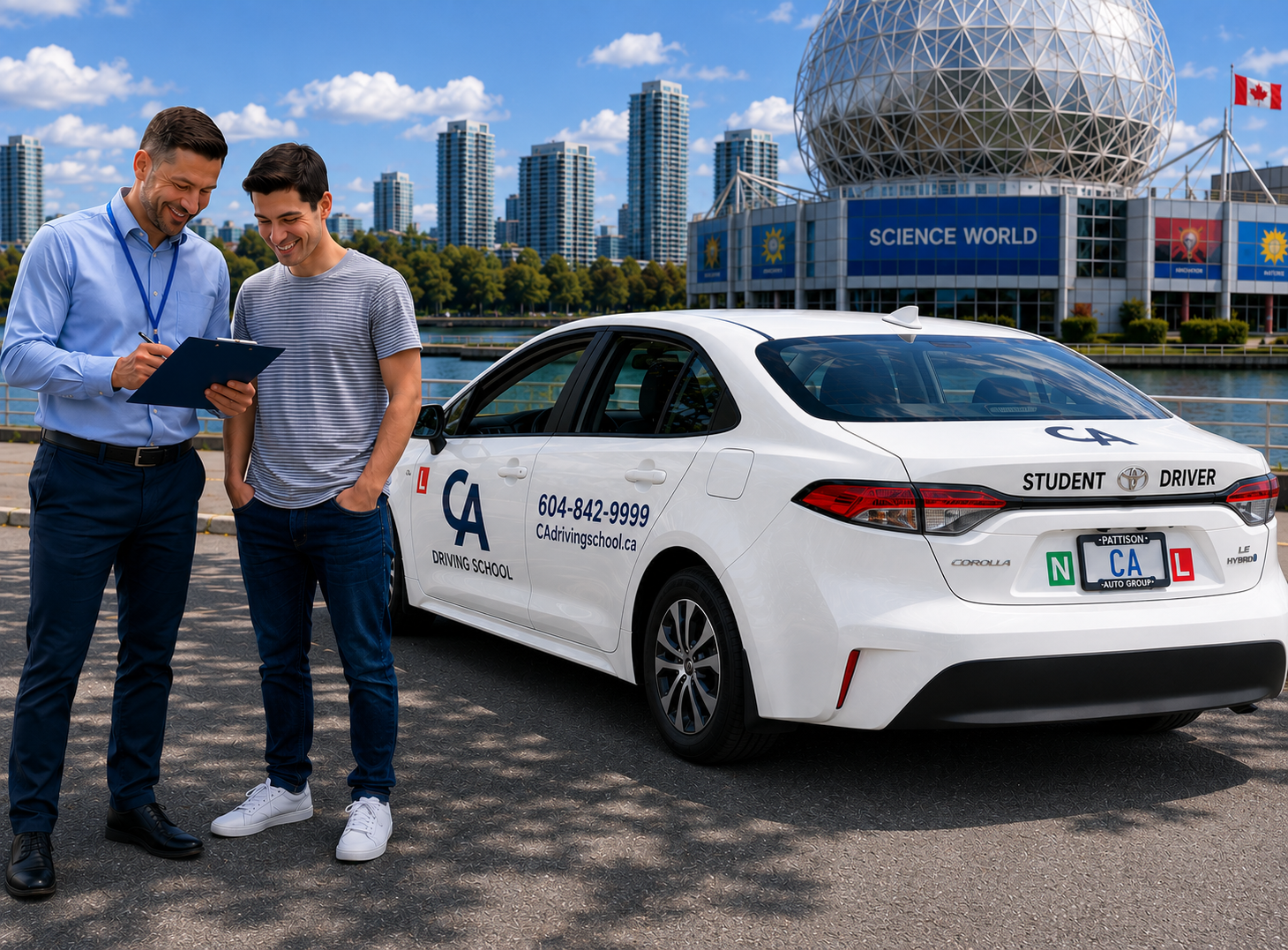CA Driving School instructor with a client in front of training car